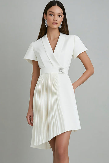 Sparkly Ivory Satin Short Sleeve Pleated Asymmetrical Work Dress